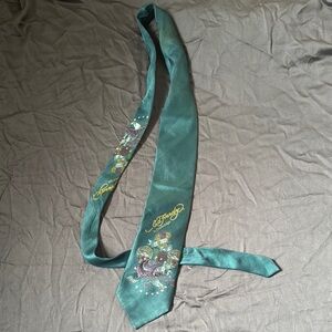 Ed Hardy Green Silk Tie with Embroidered Design
